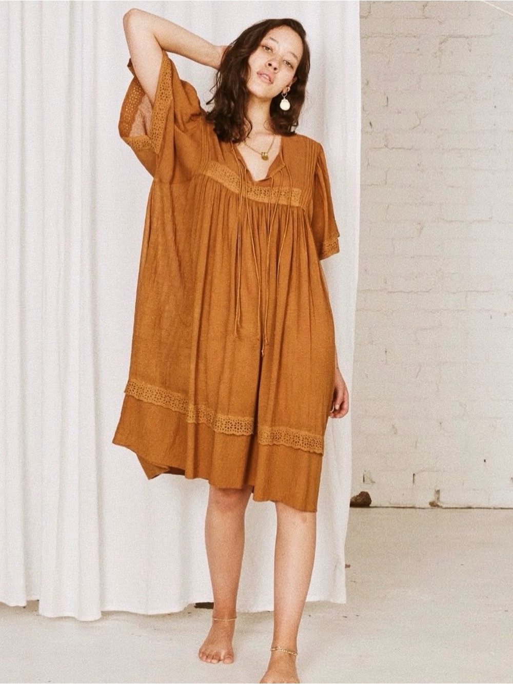 Kinga Csila Boho Cotton Lace-Trim Smock Dress